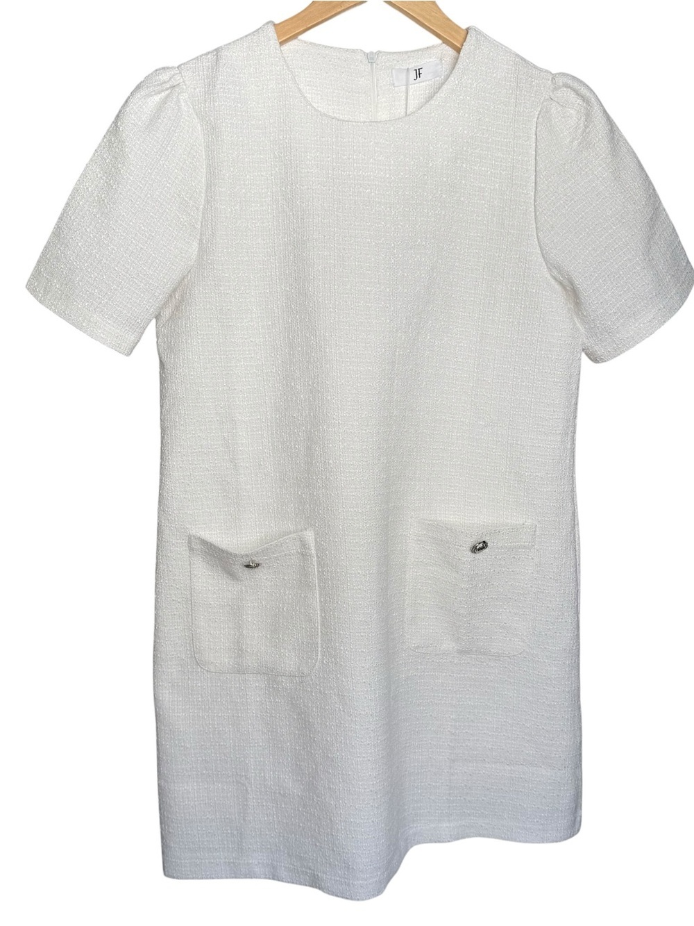 Tweed Textured White Short Sleeve Shift Dress with Front Pockets Size Small NWT